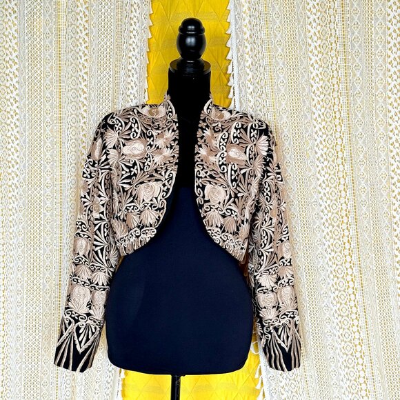Tenango Designs Gold/Champagne Floral Embroidered Bolero Cropped Jacket Size S - Picture 1 of 10